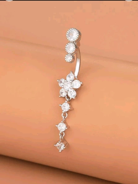 Gümüş Renk Taşlı Uzun Göbek Piercing