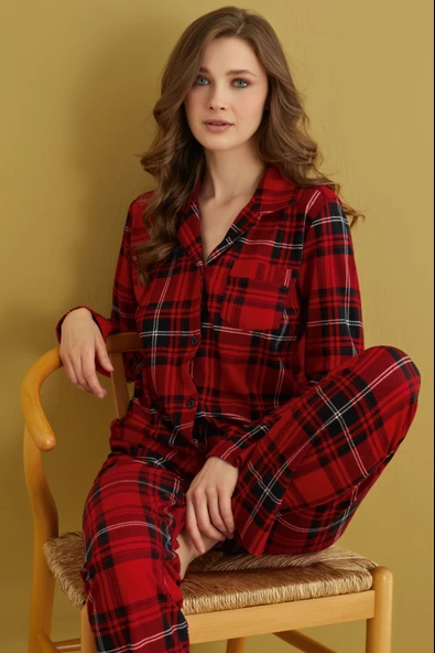 Kadın Gömlek Yaka Önden Düğmeli Saten Biyeli Göğüs Cepli Süet Kışlık Uzun Kol Pijama Takımı - 8