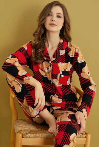 Kadın Gömlek Yaka Önden Düğmeli Saten Biyeli Göğüs Cepli Süet Kışlık Uzun Kol Pijama Takımı - 4