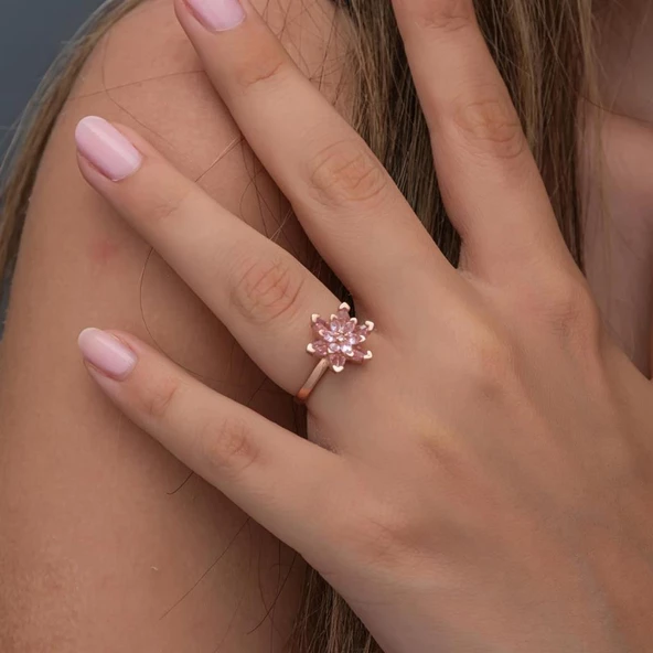 Pembe Lotus Çiçeği Rose Gümüş Kadın Yüzük - Resim 10