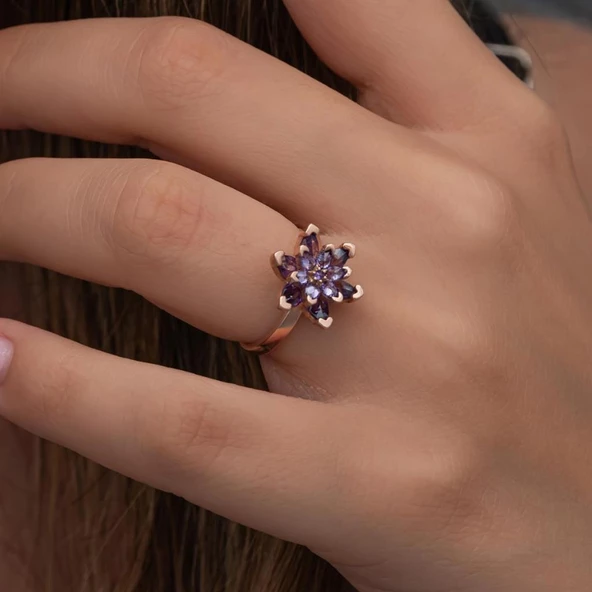 Mor Taşlı Lotus Çiçeği 925 Gümüş Kadın Yüzük - Resim 2