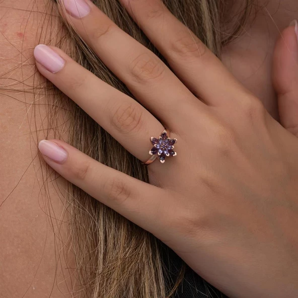 Mor Taşlı Lotus Çiçeği 925 Gümüş Kadın Yüzük - Resim 5