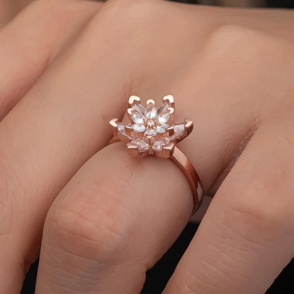 Pembe Lotus Çiçeği Rose Gümüş Kadın Yüzük ürün görseli