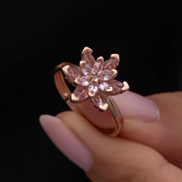 Pembe Lotus Çiçeği Rose Gümüş Kadın Yüzük - Resim 3