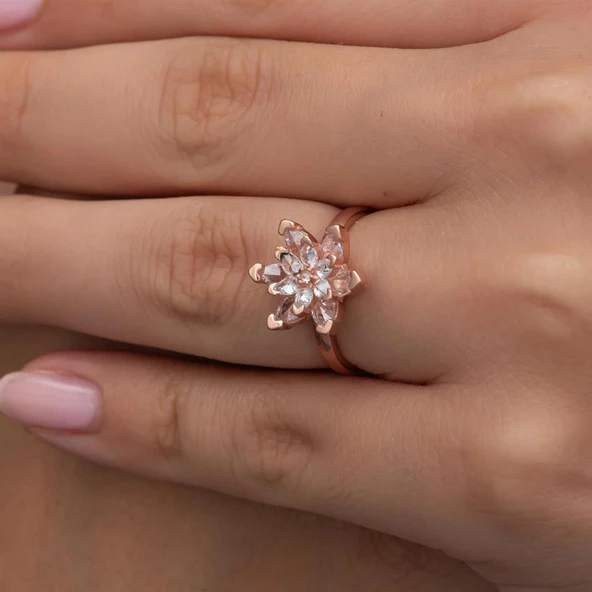 Pembe Lotus Çiçeği Rose Gümüş Kadın Yüzük - Resim 8