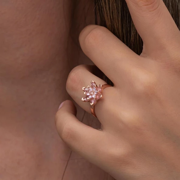 Pembe Taşlı Lotus Çiçeği 925 Gümüş Kadın Yüzük - 4