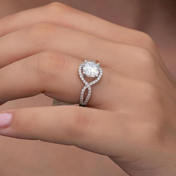 Beyaz Zirkon Taşlı Gümüş Tektaş Yüzük - Resim 3