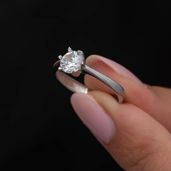 6 Tırnaklı Zirkon Taşlı 925 Gümüş Tektaş Yüzük - 2