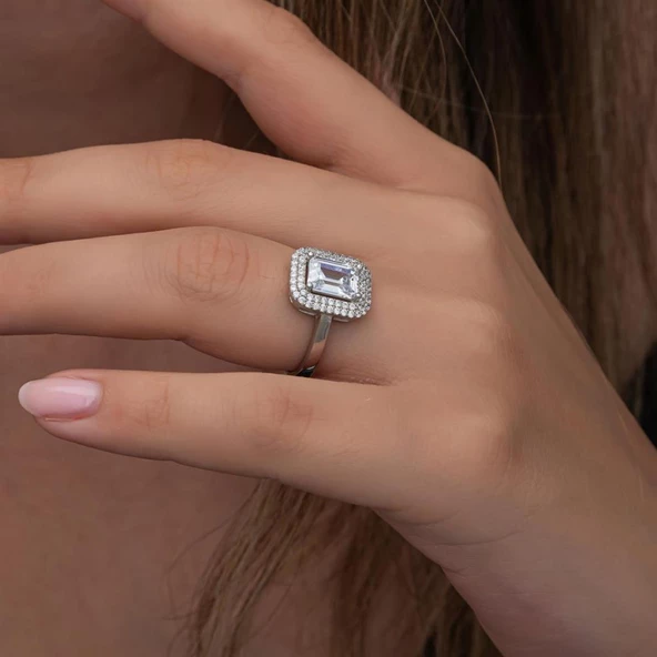 Beyaz Zirkon Taşlı Baget Gümüş Tektaş Yüzük - Resim 5