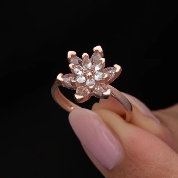 Pembe Taşlı Lotus Çiçeği 925 Gümüş Kadın Yüzük - 9
