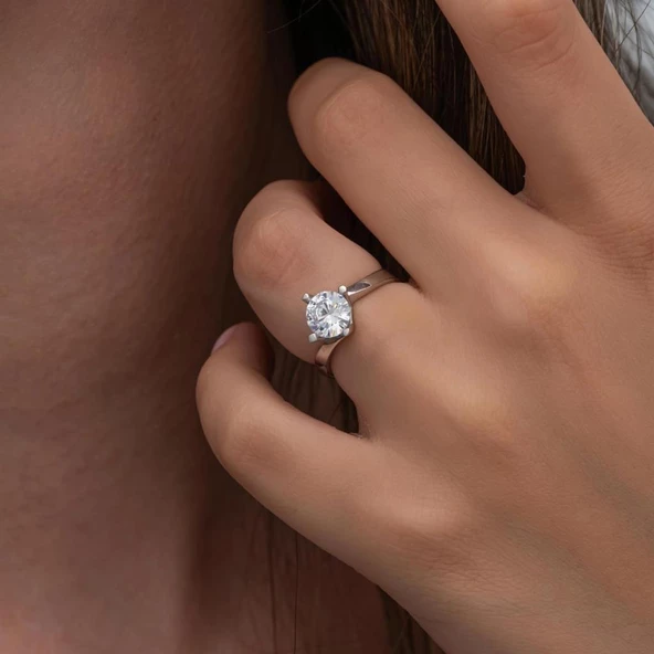 4 Tırnaklı Zirkon Taşlı Gümüş Tektaş Yüzük - 5