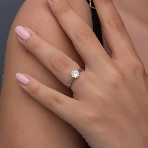 6 Tırnaklı Zirkon Taşlı 925 Gümüş Tektaş Yüzük - 5