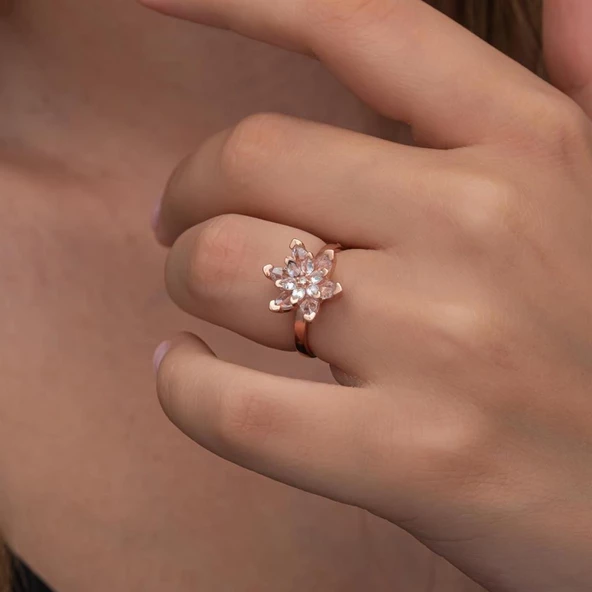 Pembe Taşlı Lotus Çiçeği 925 Gümüş Kadın Yüzük - 11