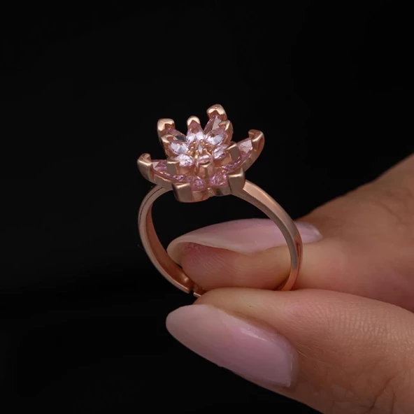 Pembe Taşlı Lotus Çiçeği 925 Gümüş Kadın Yüzük - 2