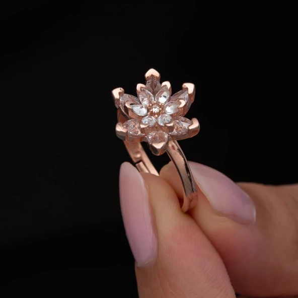 Beyaz Taşlı Lotus Çiçeği 925 Gümüş Kadın Yüzük - 3