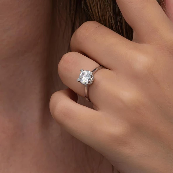 4 Tırnaklı Zirkon Taşlı Gümüş Tektaş Yüzük - Resim 5