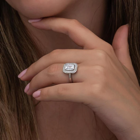 Beyaz Zirkon Taşlı Baget Gümüş Tektaş Yüzük - Resim 6