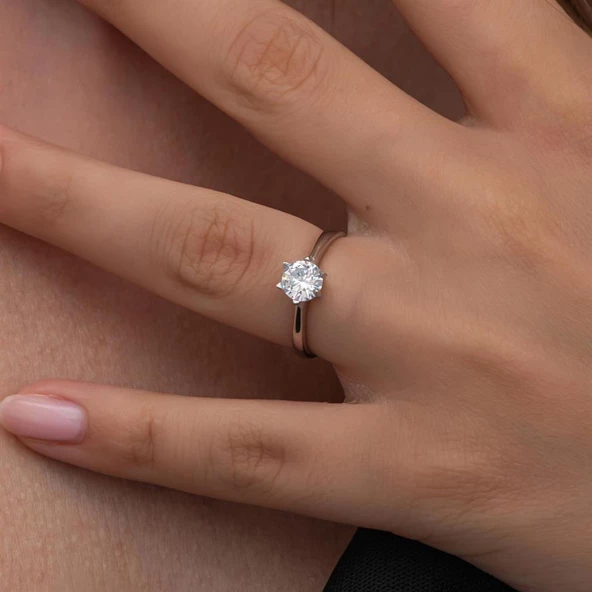 6 Tırnaklı Zirkon Taşlı 925 Gümüş Tektaş Yüzük - 4