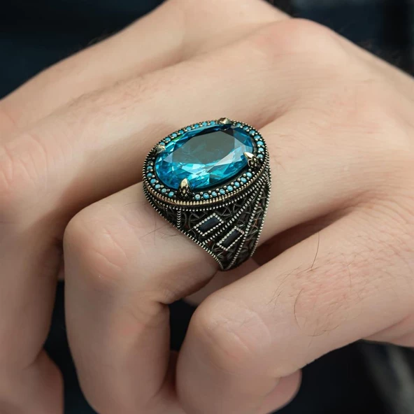 Oval Aqua Mavi Taşlı 925 Gümüş Erkek Yüzük - Resim 7