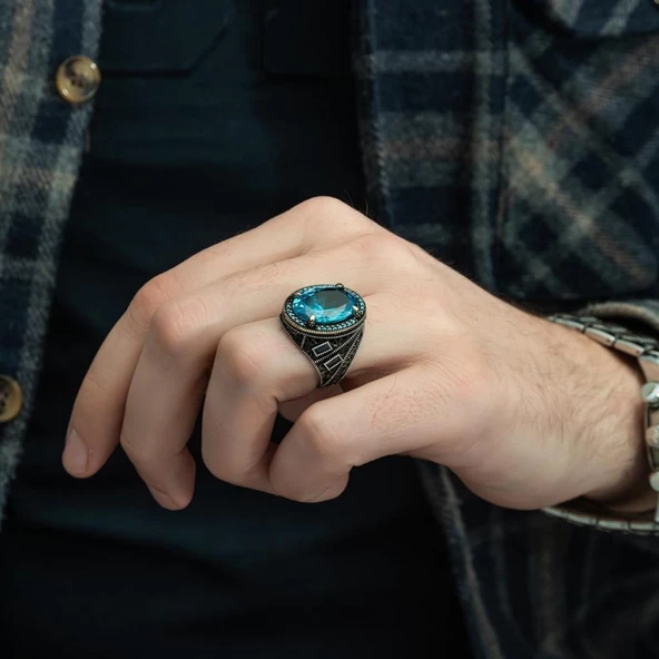 Oval Aqua Mavi Taşlı 925 Gümüş Erkek Yüzük - Resim 4