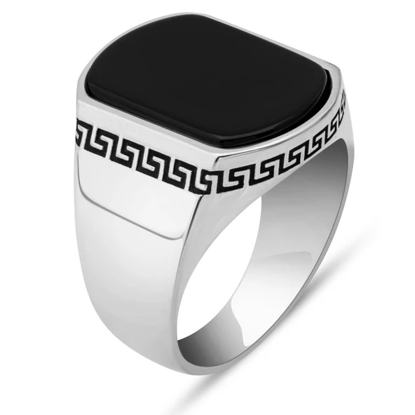 Grek Desenli Siyah Oniks Taşlı 925 Gümüş Erkek Yüzük - Resim 2