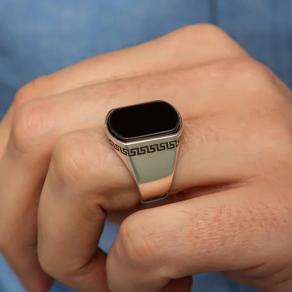 Grek Desenli Siyah Oniks Taşlı 925 Gümüş Erkek Yüzük - Resim 3