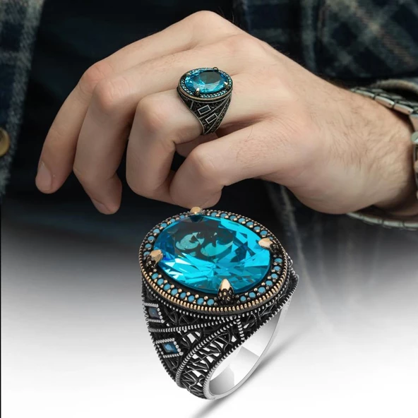 Oval Aqua Mavi Taşlı 925 Gümüş Erkek Yüzük ürün görseli