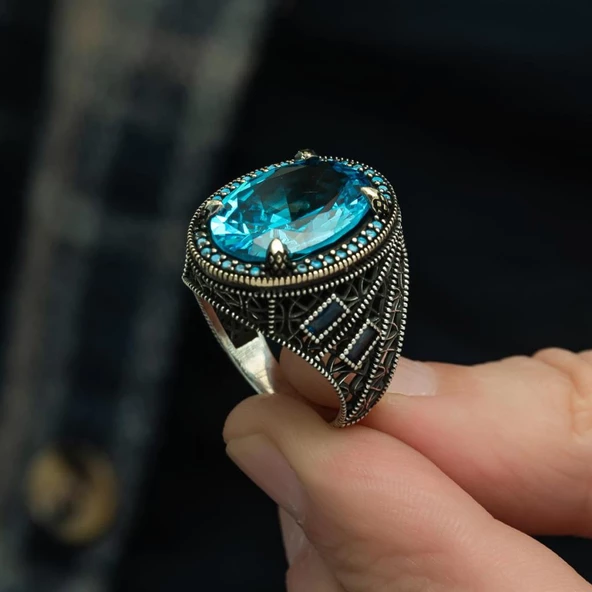 Oval Aqua Mavi Taşlı 925 Gümüş Erkek Yüzük - Resim 10