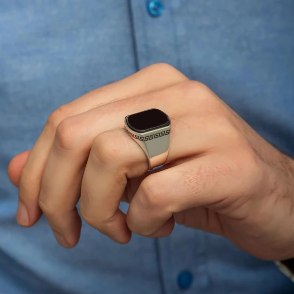 Grek Desenli Siyah Oniks Taşlı 925 Gümüş Erkek Yüzük - Resim 5