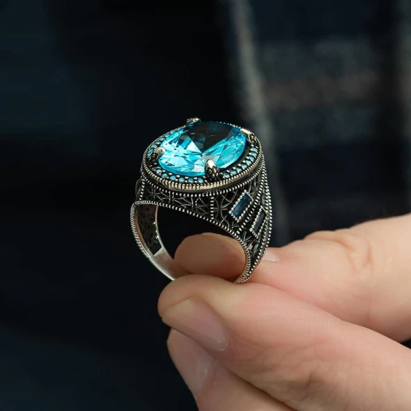 Oval Aqua Mavi Taşlı 925 Gümüş Erkek Yüzük - Resim 8