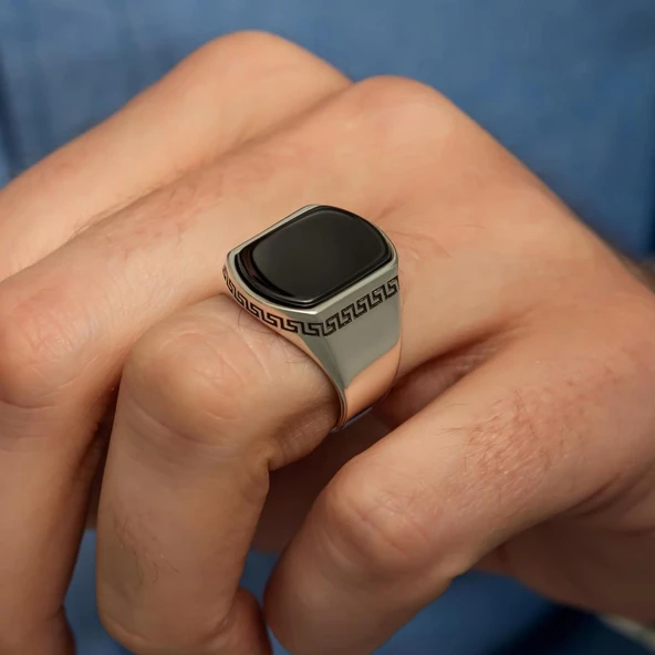 Grek Desenli Siyah Oniks Taşlı 925 Gümüş Erkek Yüzük - Resim 6