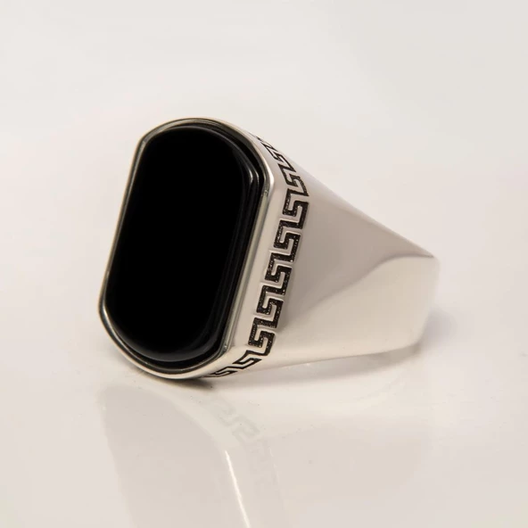 Grek Desenli Siyah Oniks Taşlı 925 Gümüş Erkek Yüzük - Resim 8
