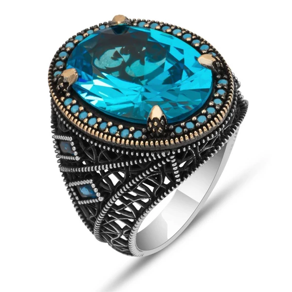 Oval Aqua Mavi Taşlı 925 Gümüş Erkek Yüzük - Resim 2