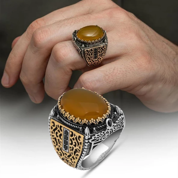 Sarı Akik Taşlı 925 Gümüş Erkek Yüzük ürün görseli