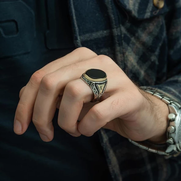 Oniks Taşlı Harfli 925 Gümüş Erkek Yüzük - Resim 4