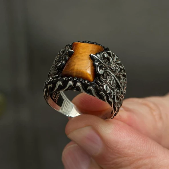 Kaplan Gözü Taşlı  925 Gümüş Erkek Yüzük - Resim 6