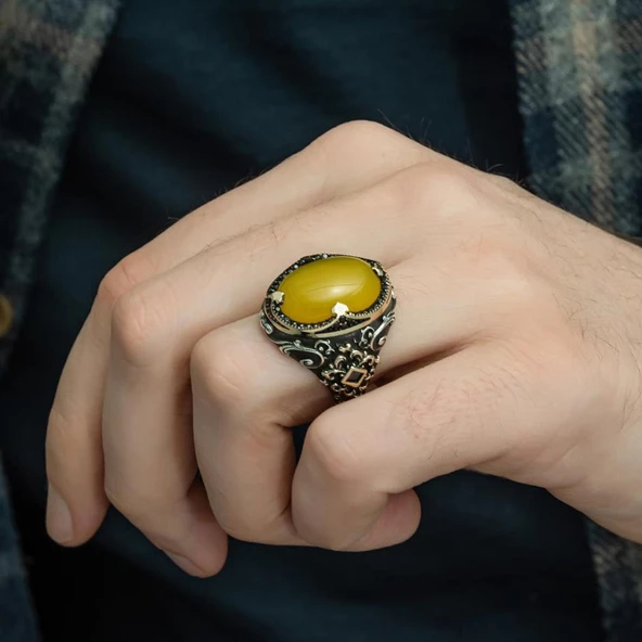 Sarı Akik Taşlı Hünkar Modeli 925 Gümüş Erkek Yüzük - 8
