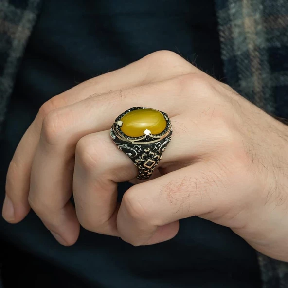 Sarı Akik Taşlı Hünkar Modeli 925 Gümüş Erkek Yüzük - 6