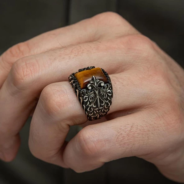 Kaplan Gözü Taşlı  925 Gümüş Erkek Yüzük - Resim 3