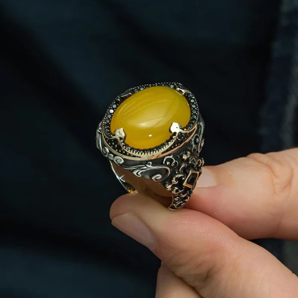 Sarı Akik Taşlı Hünkar Modeli 925 Gümüş Erkek Yüzük - 4