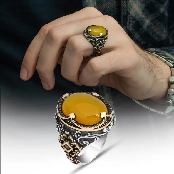 Sarı Akik Taşlı Hünkar Modeli 925 Gümüş Erkek Yüzük