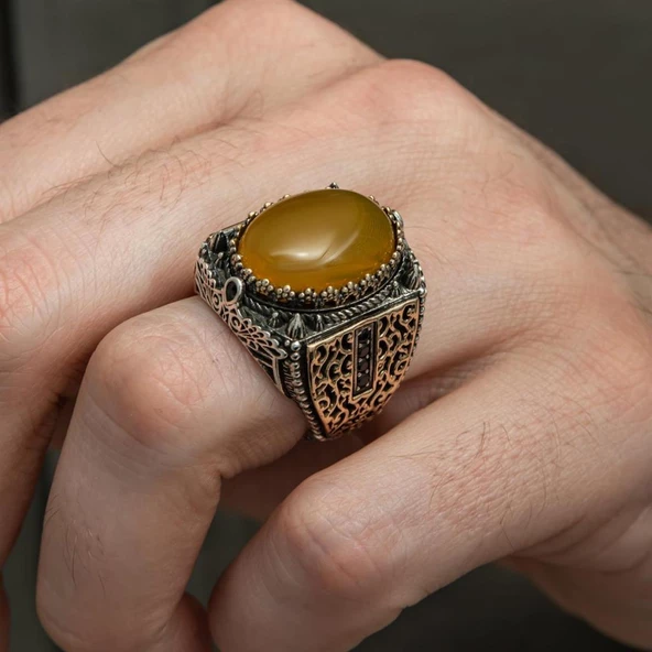 Sarı Akik Taşlı 925 Gümüş Erkek Yüzük - Resim 3