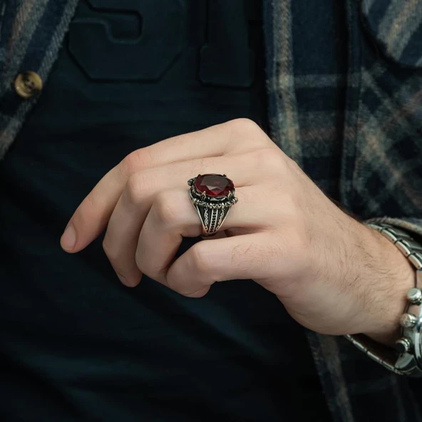 Kırmızı ParaibaTaşlı 925 Gümüş Erkek Yüzük - 4