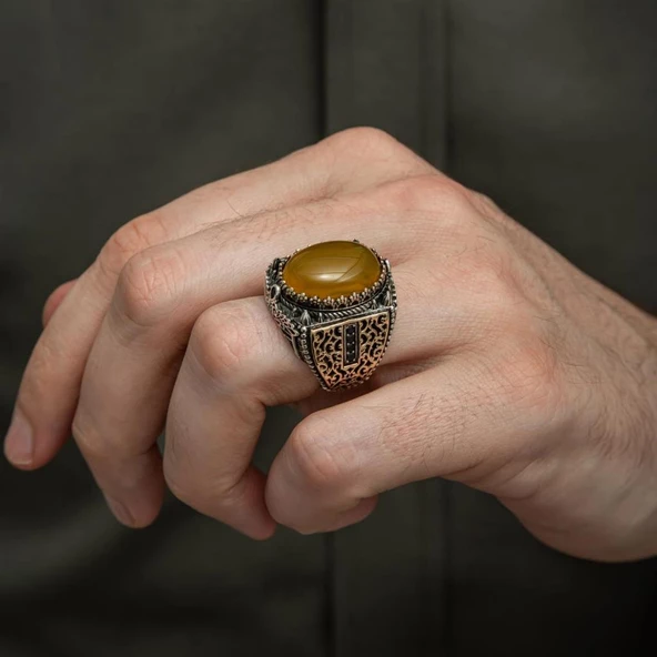 Sarı Akik Taşlı 925 Gümüş Erkek Yüzük - Resim 4