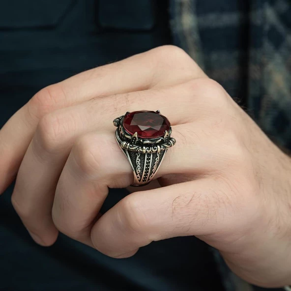 Kırmızı ParaibaTaşlı 925 Gümüş Erkek Yüzük - 3