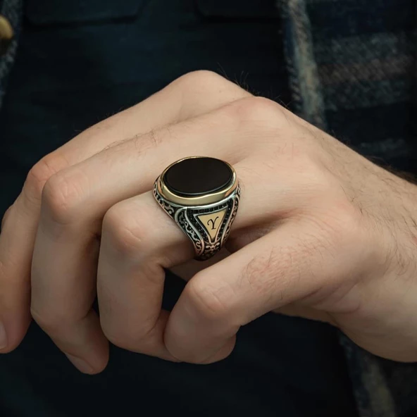 Oniks Taşlı Harfli 925 Gümüş Erkek Yüzük - Resim 5