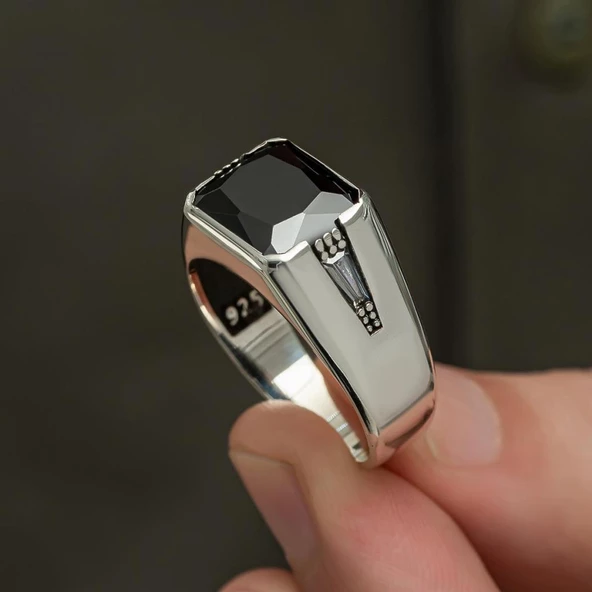 Siyah Zirkon Taşlı 925 Gümüş Erkek Yüzük - Resim 4