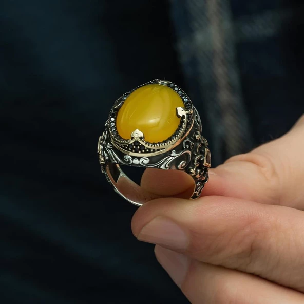 Sarı Akik Taşlı Hünkar Modeli 925 Gümüş Erkek Yüzük - 3
