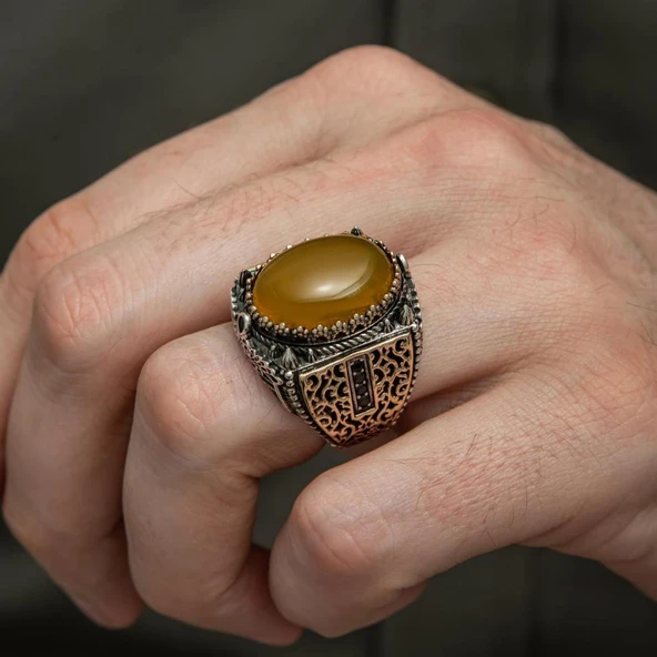 Sarı Akik Taşlı 925 Gümüş Erkek Yüzük - Resim 8