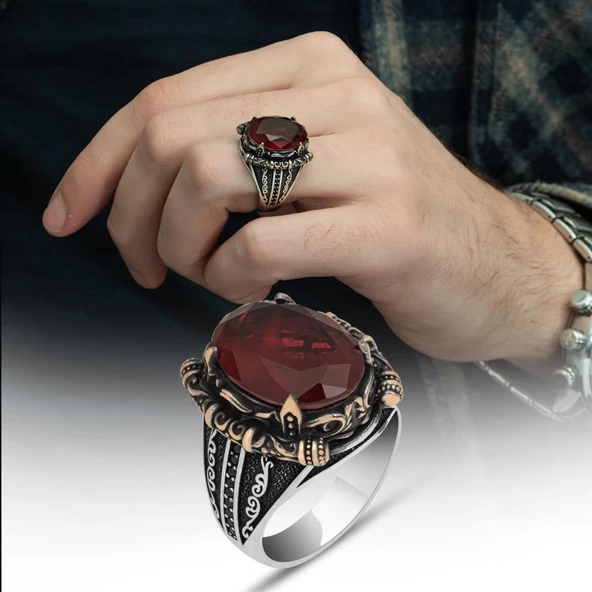Kırmızı ParaibaTaşlı 925 Gümüş Erkek Yüzük